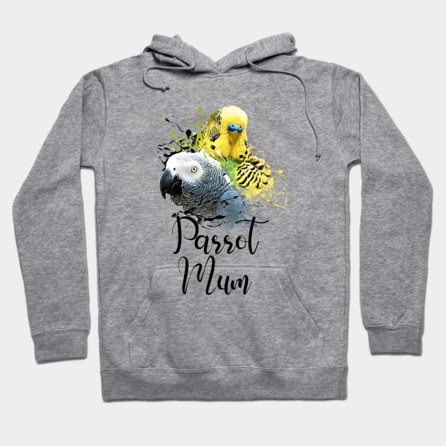 Parrot Mom Color Splatter Budgie and Grey Parrot White Hoodie by BirdNerd